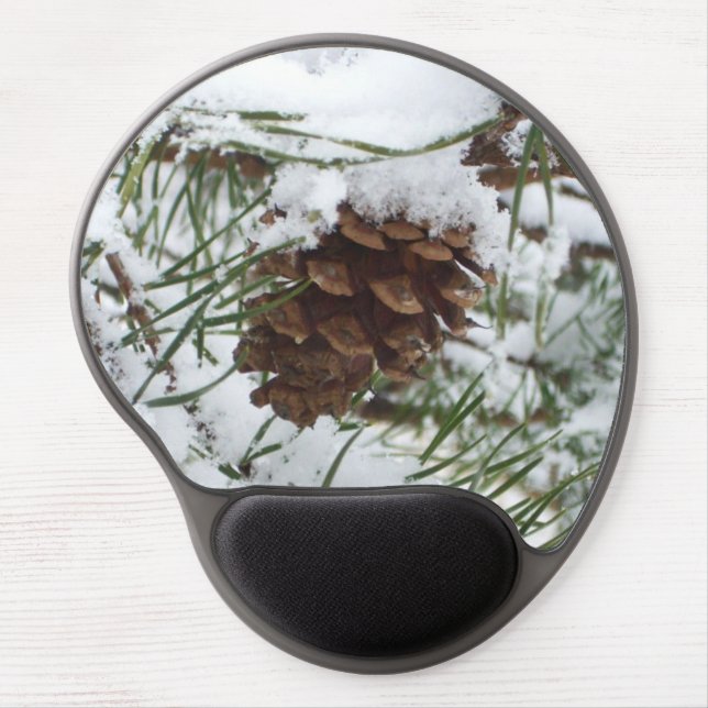 Snowy Pine Cone I Winter Nature Photography Gel Mouse Pad (Front)