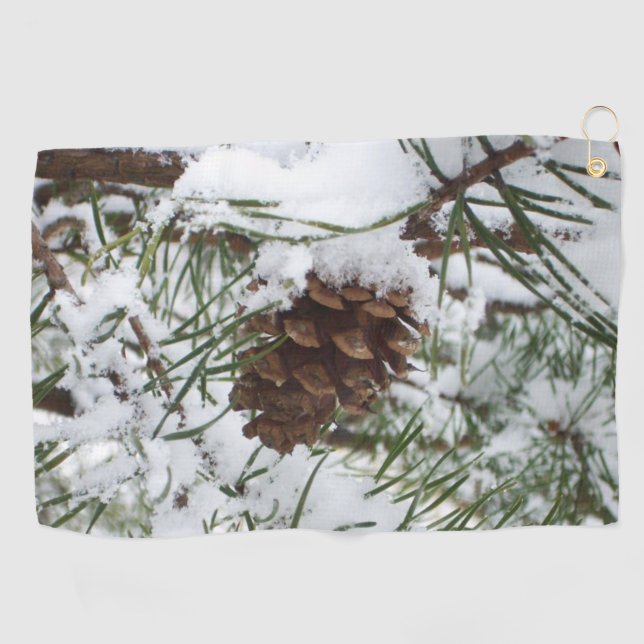 Snowy Pine Cone I Winter Nature Photography Golf Towel (Horizontal)
