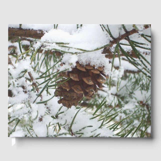 Snowy Pine Cone I Winter Nature Photography Guest Book (Front)