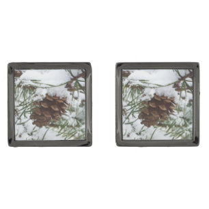 Snowy Pine Cone I Winter Nature Photography Gunmetal Finish Cufflinks