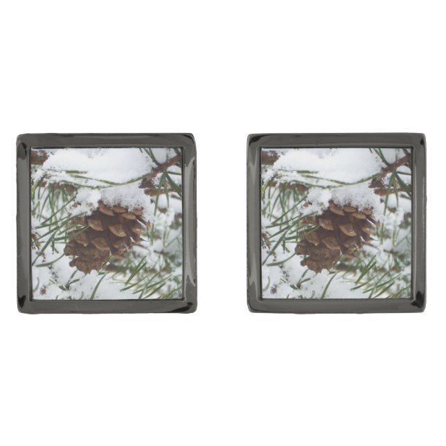 Snowy Pine Cone I Winter Nature Photography Gunmetal Finish Cufflinks (Front)
