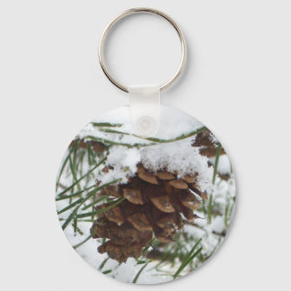 Snowy Pine Cone I Winter Nature Photography Keychain