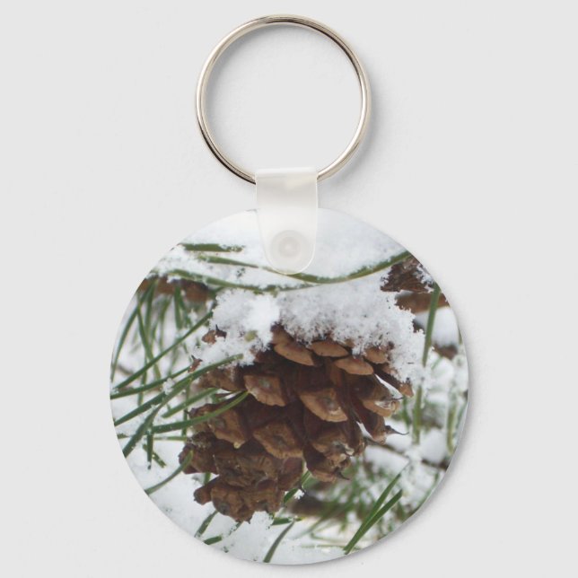 Snowy Pine Cone I Winter Nature Photography Keychain (Front)