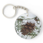 Snowy Pine Cone I Winter Nature Photography Keychain