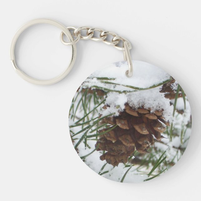 Snowy Pine Cone I Winter Nature Photography Keychain (Front)