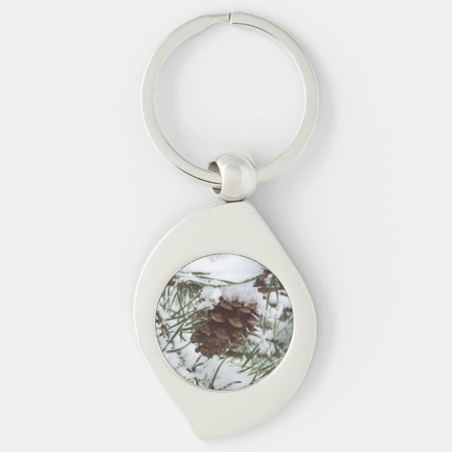 Snowy Pine Cone I Winter Nature Photography Keychain (Front)