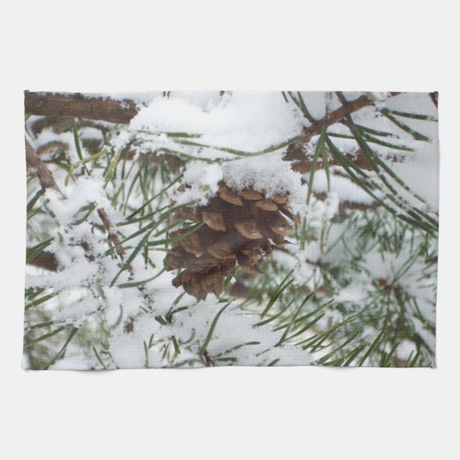 Snowy Pine Cone I Winter Nature Photography Kitchen Towel (Horizontal)