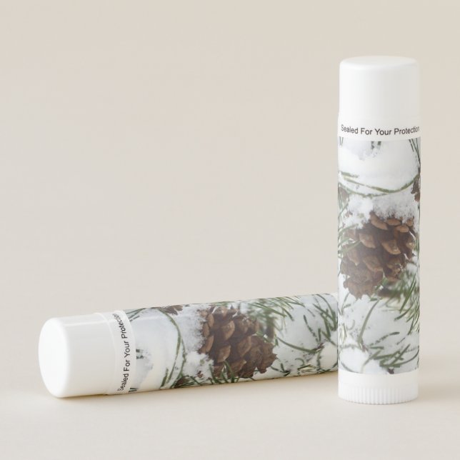 Snowy Pine Cone I Winter Nature Photography Lip Balm (Front)