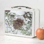 Snowy Pine Cone I Winter Nature Photography Metal Lunch Box