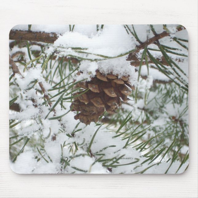 Snowy Pine Cone I Winter Nature Photography Mouse Pad (Front)