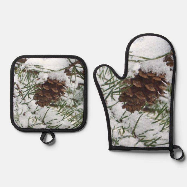 Snowy Pine Cone I Winter Nature Photography Oven Mitt & Pot Holder Set (Front)