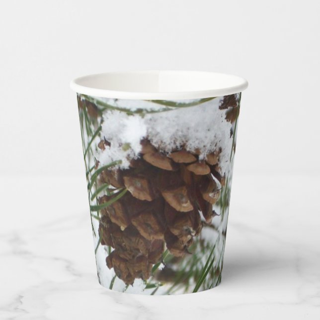 Snowy Pine Cone I Winter Nature Photography Paper Cups (Left)