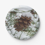Snowy Pine Cone I Winter Nature Photography Paper Plate