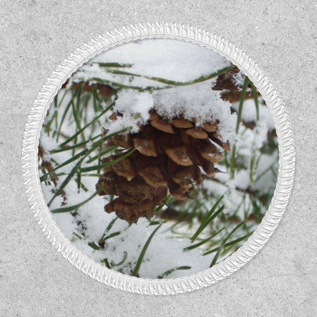 Snowy Pine Cone I Winter Nature Photography Patch (Front)
