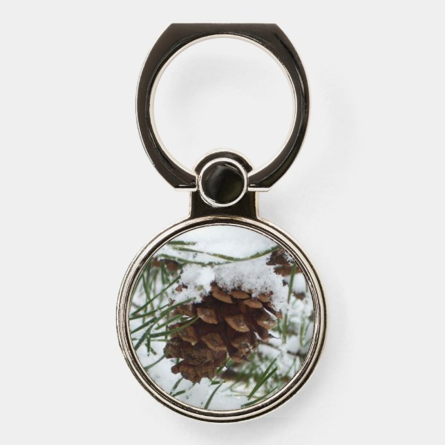 Snowy Pine Cone I Winter Nature Photography Phone Ring Stand (Front)