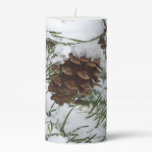 Snowy Pine Cone I Winter Nature Photography Pillar Candle