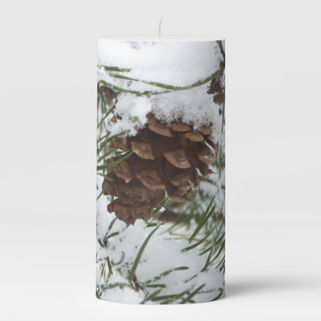 Snowy Pine Cone I Winter Nature Photography Pillar Candle (Front)