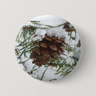 Snowy Pine Cone I Winter Nature Photography Pinback Button