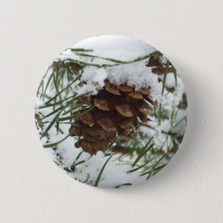 Snowy Pine Cone I Winter Nature Photography Pinback Button