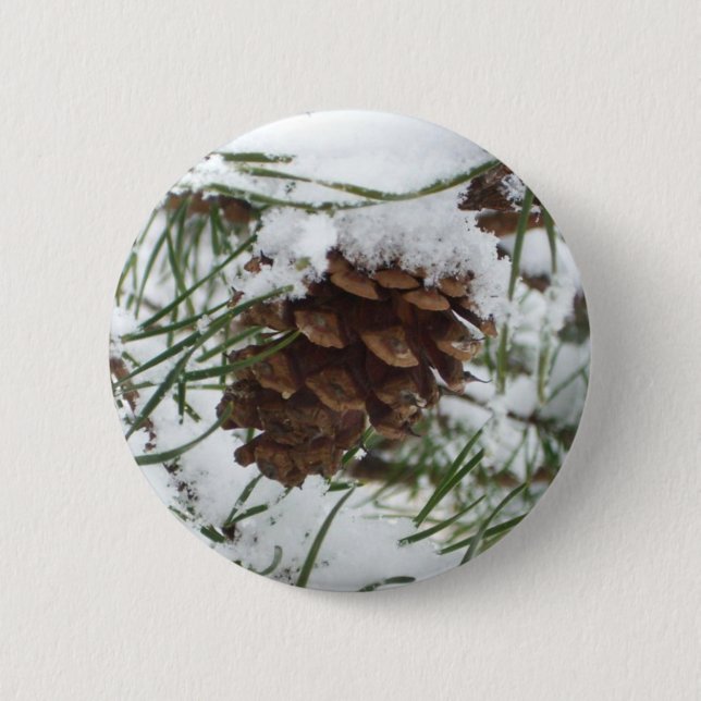 Snowy Pine Cone I Winter Nature Photography Pinback Button (Front)