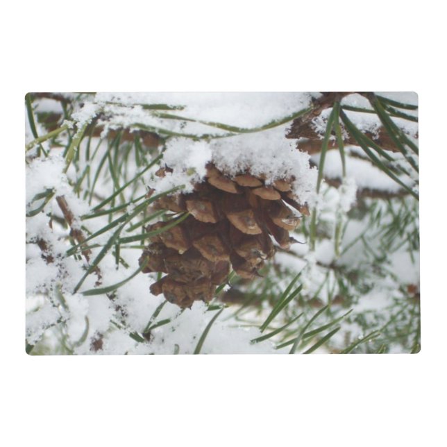 Snowy Pine Cone I Winter Nature Photography Placemat (Front)