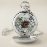 Snowy Pine Cone I Winter Nature Photography Pocket Watch