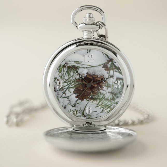 Snowy Pine Cone I Winter Nature Photography Pocket Watch (Inside)