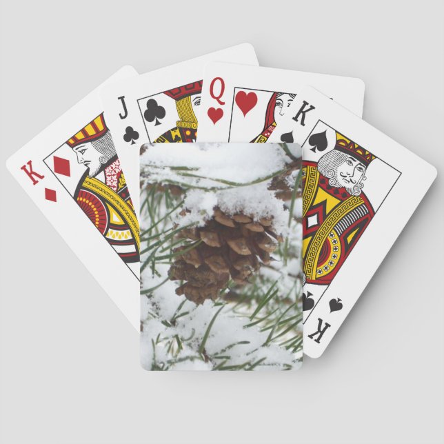 Snowy Pine Cone I Winter Nature Photography Poker Cards (Back)
