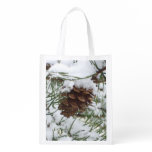 Snowy Pine Cone I Winter Nature Photography Reusable Grocery Bag