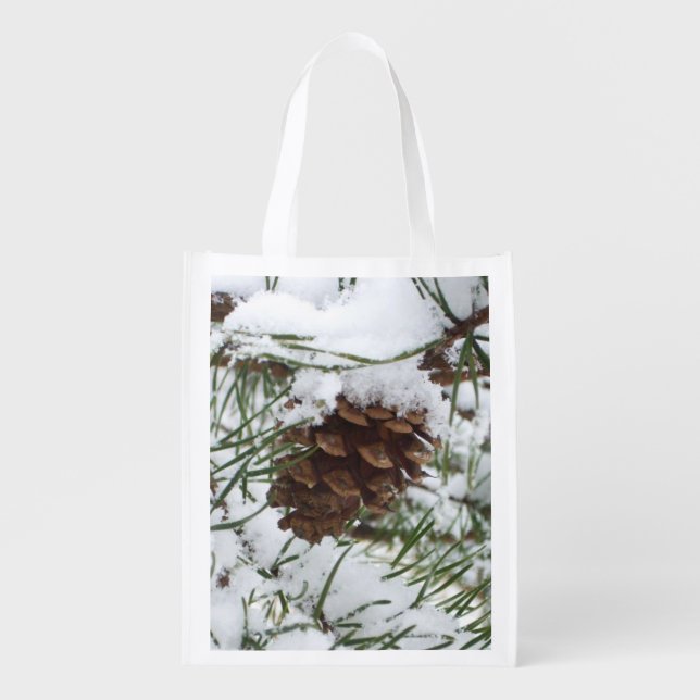 Snowy Pine Cone I Winter Nature Photography Reusable Grocery Bag (Front)