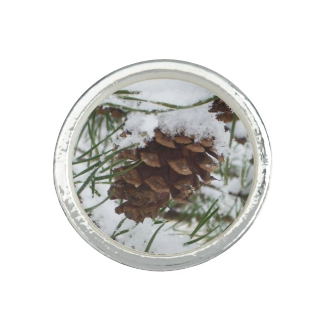 Snowy Pine Cone I Winter Nature Photography Ring (Front)