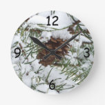 Snowy Pine Cone I Winter Nature Photography Round Clock