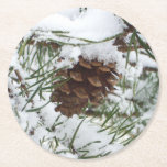 Snowy Pine Cone I Winter Nature Photography Round Paper Coaster