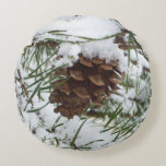 Snowy Pine Cone I Winter Nature Photography Round Pillow