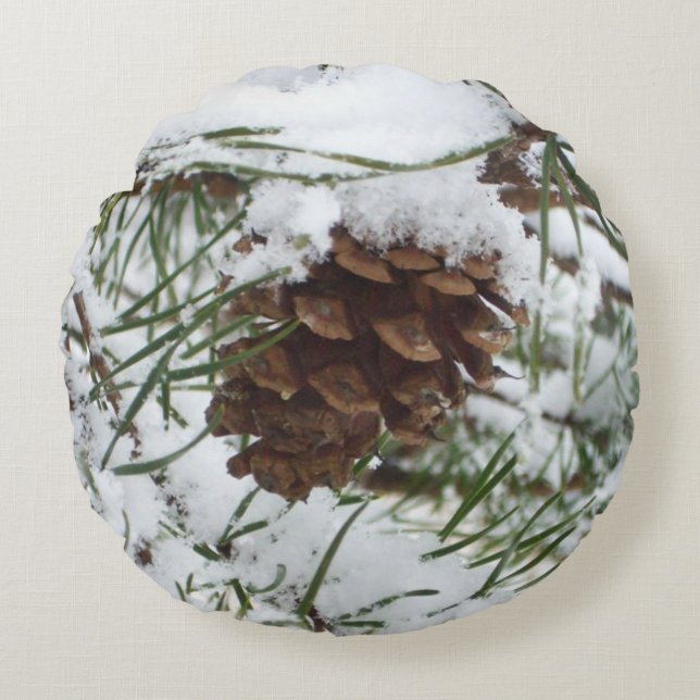 Snowy Pine Cone I Winter Nature Photography Round Pillow (Front)