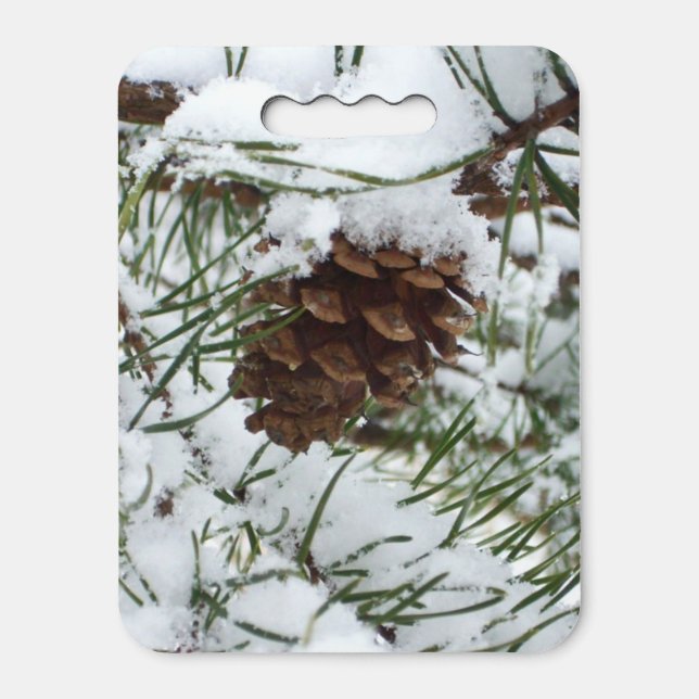 Snowy Pine Cone I Winter Nature Photography Seat Cushion (Front Vertical)