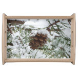 Snowy Pine Cone I Winter Nature Photography Serving Tray