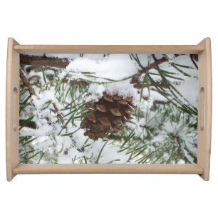 Snowy Pine Cone I Winter Nature Photography Serving Tray