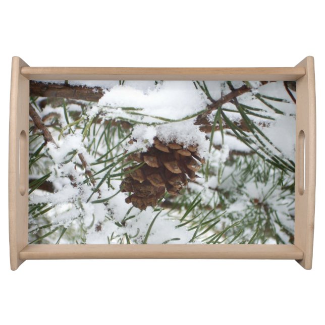 Snowy Pine Cone I Winter Nature Photography Serving Tray (Front)