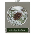 Snowy Pine Cone I Winter Nature Photography Silver Plated Banner Ornament
