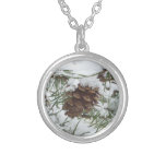 Snowy Pine Cone I Winter Nature Photography Silver Plated Necklace