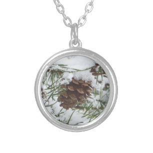Snowy Pine Cone I Winter Nature Photography Silver Plated Necklace