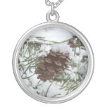 Snowy Pine Cone I Winter Nature Photography Silver Plated Necklace
