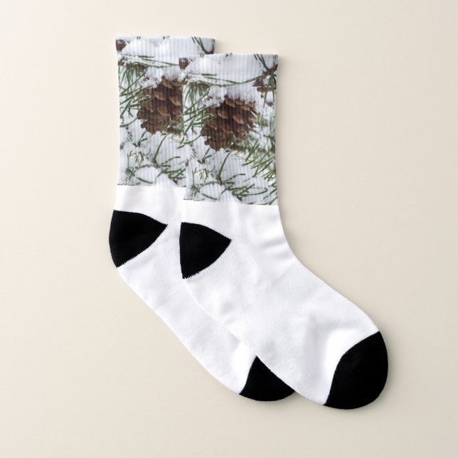 Snowy Pine Cone I Winter Nature Photography Socks (Pair)