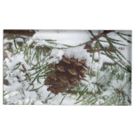 Snowy Pine Cone I Winter Nature Photography Table Card Holder