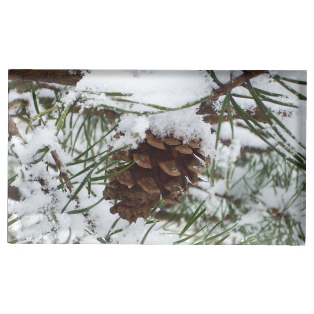 Snowy Pine Cone I Winter Nature Photography Table Card Holder (Front)