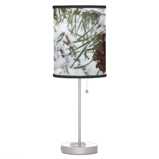 Snowy Pine Cone I Winter Nature Photography Table Lamp (Left)