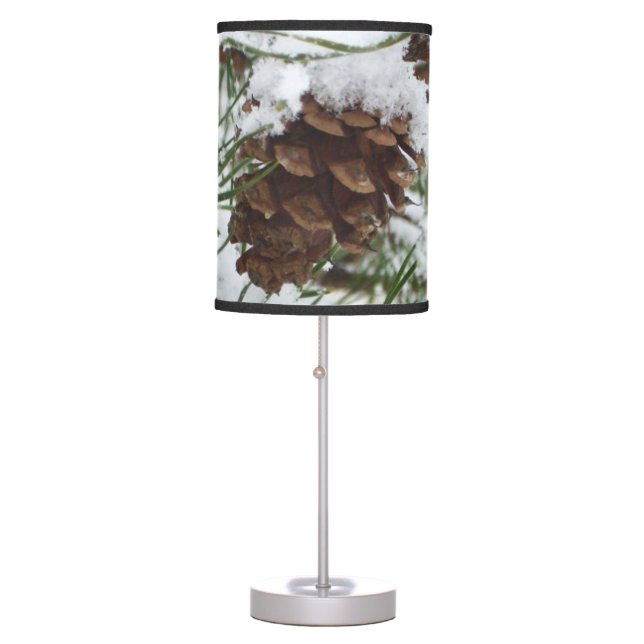 Snowy Pine Cone I Winter Nature Photography Table Lamp (Front)