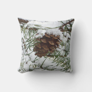 Snowy Pine Cone I Winter Nature Photography Throw Pillow