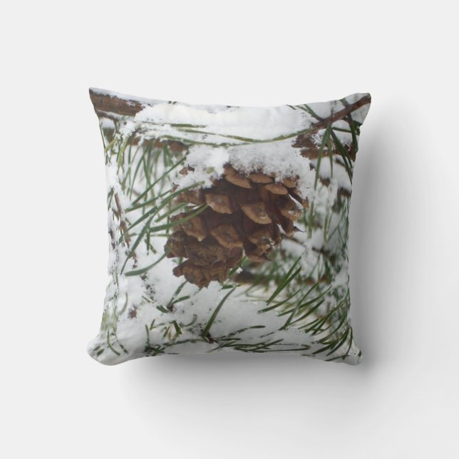 Snowy Pine Cone I Winter Nature Photography Throw Pillow (Front)